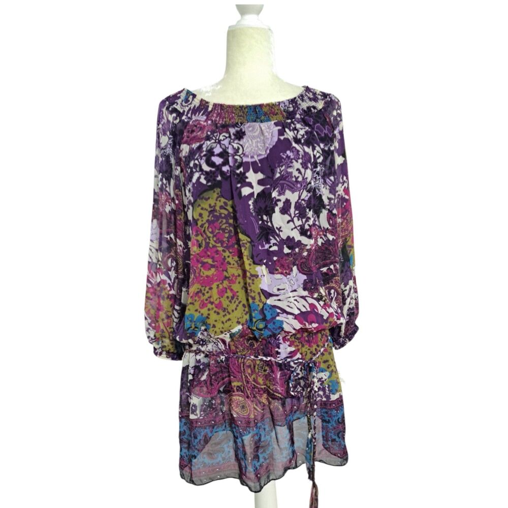 Ice Women's Tunic Top Purple Multicolor Chiffon Belted Boat Neck Long Sleeve L